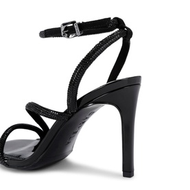 Carvela Paparazzi Strappy Heeled Sandals in black with crystal-embellished straps, slim ankle strap with silver buckle, and stiletto heel