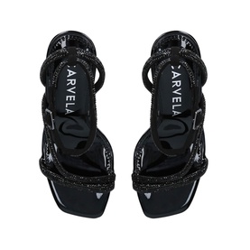Carvela Paparazzi Strappy Heeled Sandals in black, overhead view showing metallic straps, slim ankle strap with buckle and open toe