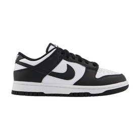 Nike Dunk Low-Top Trainers in white and black leather, black Swoosh logo, perforated toe box, rubber track sole
