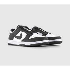 Nike Dunk Low-Top Trainers in white and black leather, black Swoosh logo, lace-up fastening, rubber track sole, perforated detailing