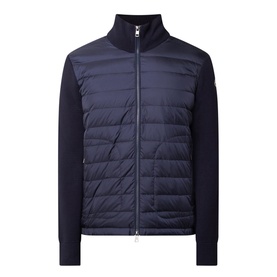 Moncler Padded Quilted Zip Cardigan in navy, featuring quilted front panel, knitted sleeves, high collar and zip fastening