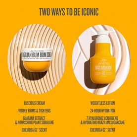 Sol De Janeiro Brazilian Bum Bum Cream and Body Lotion in yellow packaging, side by side on orange background with key benefits text