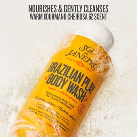 Sol De Janeiro Brazilian 4 Play Moisturising Shower Cream-Gel in yellow bottle with foam, Cheirosa 62 warm gourmand scent