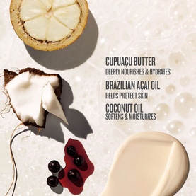 Sol De Janeiro Brazilian 4 Play Moisturising Shower Cream-Gel key ingredients: cupua&ccedil;u butter, Brazilian a&ccedil;a&iacute; oil, and coconut oil displayed on white