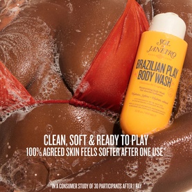 Sol De Janeiro Brazilian 4 Play Moisturising Shower Cream-Gel bottle resting in rich lather with a red fabric, with text overlay highlighting