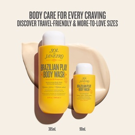 Sol De Janeiro Brazilian 4 Play Moisturising Shower Cream-Gel in 385ml and 90ml travel sizes, shown side by side on cream background
