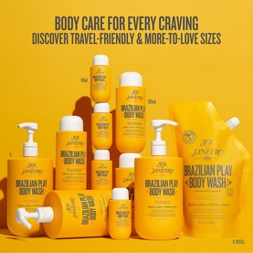 Sol De Janeiro Brazilian Play Body Wash collection in yellow bottles and pouches, various travel and full sizes displayed together.