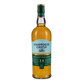Knappogue Castle 14 Year Old Malt Irish Whiskey, tall clear bottle with green and gold label detail