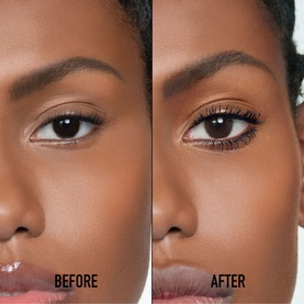 Model with Dior Diorshow Iconic Overcurl Mascara before and after comparison showing lifted, curled lashes on deep skin tone