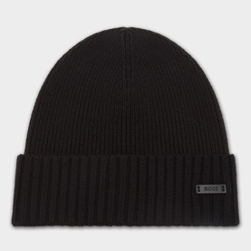 Hugo Boss Fati Ribbed-Knit Beanie Hat in black wool with turned-up ribbed brim and small logo badge detail.