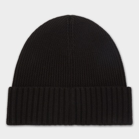 Hugo Boss Fati Ribbed-Knit Beanie Hat in black wool with turned-up ribbed brim, overhead flat-lay view.