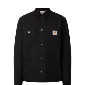 Carhartt Michigan Logo Overshirt in black cotton with corduroy collar, chest pockets, snap button fastenings and logo patch