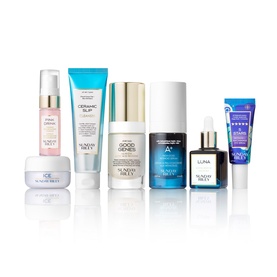 Sunday Riley skincare collection featuring seven products including serums, moisturiser, and treatments in varied sizes, displayed upright on white