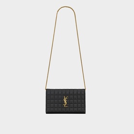 Saint Laurent Cassandre Matelass&eacute; Carr&eacute; Quilted Leather Chain Wallet in black lambskin with gold-tone hardware and chain strap