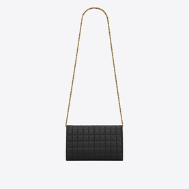Saint Laurent Cassandre Matelass&eacute; Carr&eacute; Quilted Leather Chain Wallet in black lambskin with bronze-tone chain strap and square quilted detail