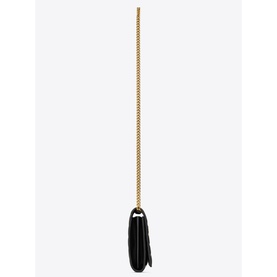 Saint Laurent Cassandre Matelass&eacute; Carr&eacute; Chain Wallet in black lambskin, shown side-on with gold chain strap extended