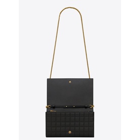 Saint Laurent Cassandre Matelass&eacute; Carr&eacute; Quilted Leather Chain Wallet in black lambskin, open view, bronze chain strap, snap closure visible