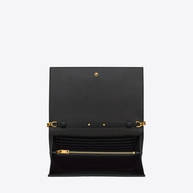 Saint Laurent Cassandre Matelass&eacute; Chain Wallet in black lambskin, open view showing gold-tone hardware, card slots and zip compartment