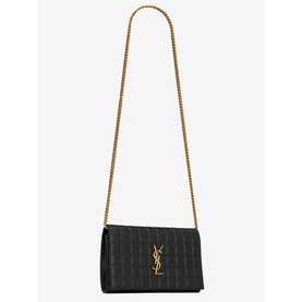 Saint Laurent Cassandre Matelass&eacute; Chain Wallet in black quilted lambskin with gold-tone hardware and chain strap