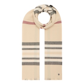 Fraas Plaid Print Fringed Scarf in beige with grey and pink plaid stripes, fringed edges, and small logo detail.