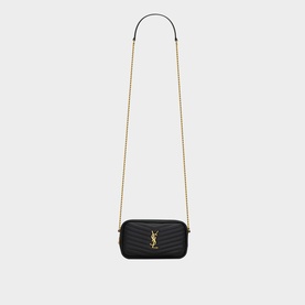 Saint Laurent Lou Quilted Shiny Leather Mini Bag in black with gold-toned YSL logo, chain and leather shoulder strap, zip closure