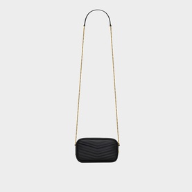Saint Laurent Lou Quilted Shiny Leather Mini Bag in black with gold-toned chain strap, chevron quilting, and zip closure