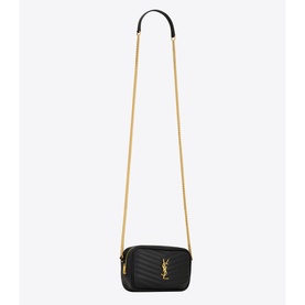 Saint Laurent Lou Quilted Shiny Leather Mini Bag in black with gold-toned chain strap, YSL logo hardware, and zip closure