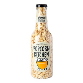 Popcorn Kitchen Simply Sweet Giant Monet Bottle 550g, clear reusable bottle filled with sweet popcorn, yellow and cream label