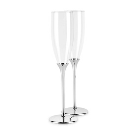 Newbridge Champagne Flutes Set of Two, silver-plated with slender stems, polished silver bases and clear glass bowls