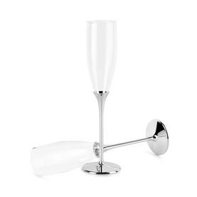 Newbridge Champagne Flutes Set of Two, silver-plated with frosted glass bowls; one upright, one laid flat, showing polished silver bases