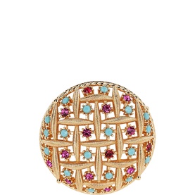 Newbridge Pink & Turquoise Stone 14k Gold Plated Brooch with lattice design, pink and aquamarine crystal and faux turquoise stone settings