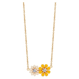 Newbridge Yellow & White Floral Pendant Necklace, gold-toned chain, dual daisy design with yellow and white enamel, cubic zirconia centres