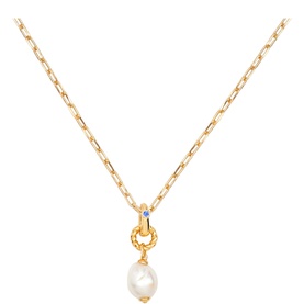 Newbridge Sappho Baroque Pearl Pendant Necklace, gold-tone chain with baroque pearl drop and sapphire blue crystal detail