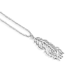 Newbridge Wish Feather Pendant Necklace in silver, featuring an open-work feather charm with script detail on a fine rolo chain