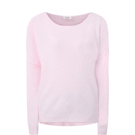 American Vintage Damsville Crew Neck Sweater in light pink with boat neckline, long sleeves, and exposed seam detailing