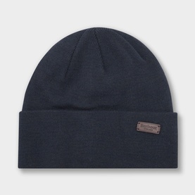 Barbour Healey Beanie Hat in navy with turned-up brim and small leather logo patch detail