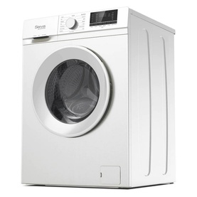 Servis Washing Machine in white, front-loading with circular door, digital control panel, and slim freestanding design