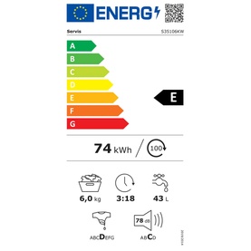 Servis Washing Machine EU energy label, rated E, 74 kWh, 6kg capacity, 3:18 cycle time, 43L water, 78dB noise rating