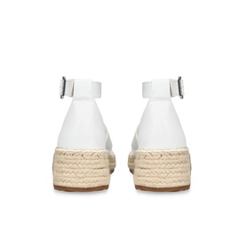 Carvela Catch Flatform Espadrilles in white, showing rear view with buckled ankle strap and woven jute espadrille sole