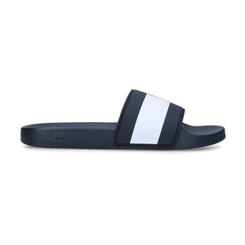 Tommy Hilfiger Flag Pool Slides in navy blue, white stripe strap with flag motif, moulded rubber sole, squared open toe