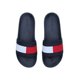 Tommy Hilfiger Flag Pool Slides in blue rubber with navy, red and white flag motif strap, squared open toe, overhead view