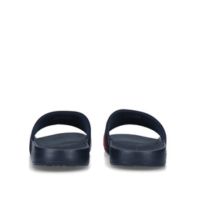 Tommy Hilfiger Flag Pool Slides in blue rubber, rear view showing wide strap with flag motif and moulded footbed