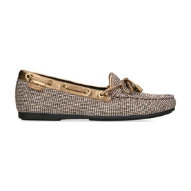 Kurt Geiger London Eagle Houndstooth Moccasins in white, gold metallic trims, lace fastening, logo detail, almond toe, flat sole