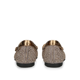 Kurt Geiger London Eagle Houndstooth Moccasins in white, rear view showing metallic gold trim, logo detail, and black flat sole