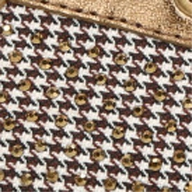 Kurt Geiger London Eagle Houndstooth Moccasins in white, brown and gold houndstooth print with metallic gold trims and logo details