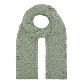 Irelands Eye Aran Chunky-Knit Scarf in green merino wool with honeycomb, lattice and cable knit texture, looped flat lay