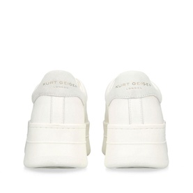 Kurt Geiger London Laney Pumped Lace-Up Trainers in white leather, rear view showing eagle head heel embellishment and platform sole