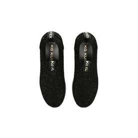 Kurt Geiger Lara Embellished Slip-On Trainers in black, overhead view showing crystal-covered uppers and branded rubber tongue patch