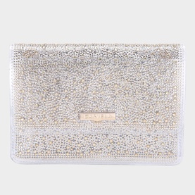Carvela Lovebird Jewel Clutch in gold, transparent synthetic exterior with all-over crystal embellishment and gold-tone branding plate