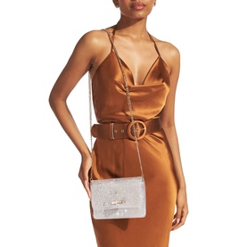 Model carrying Carvela Lovebird Jewel Clutch in gold, crystal-embellished transparent body with gold-tone chain strap, styled with a rust satin dress